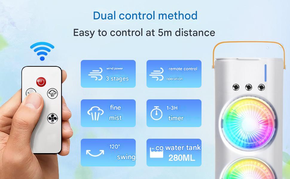 Double Ended Spray Cooler, 2025 New 3 Gears USB Rechargeable Quiet fan with LED Light & Remote Control, 280ml Water Ice Tank, Mini Cooler for Business & Home Use, Energy Saving, Heatstroke Prevention