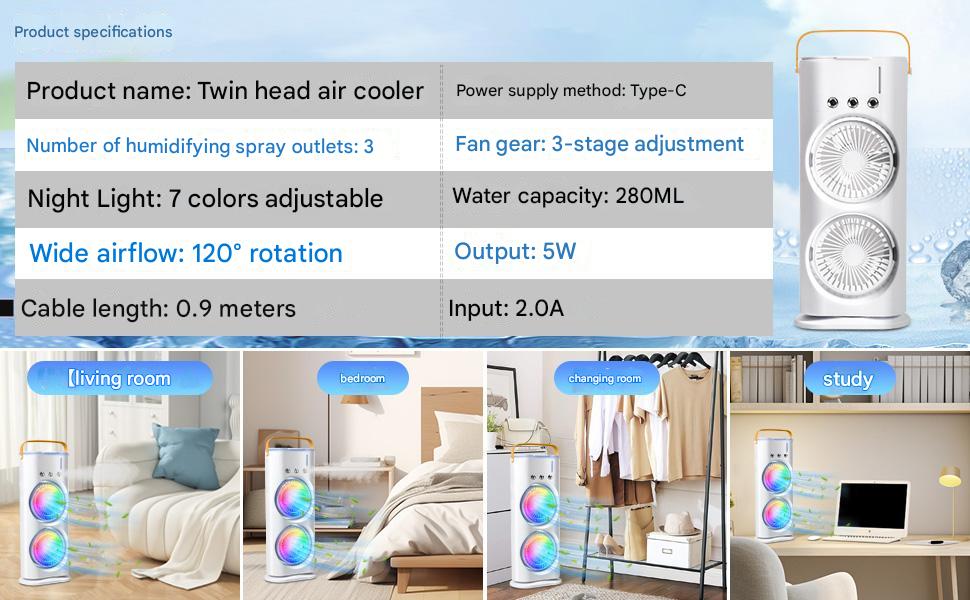 Double Ended Spray Cooler, 2025 New 3 Gears USB Rechargeable Quiet fan with LED Light & Remote Control, 280ml Water Ice Tank, Mini Cooler for Business & Home Use, Energy Saving, Heatstroke Prevention