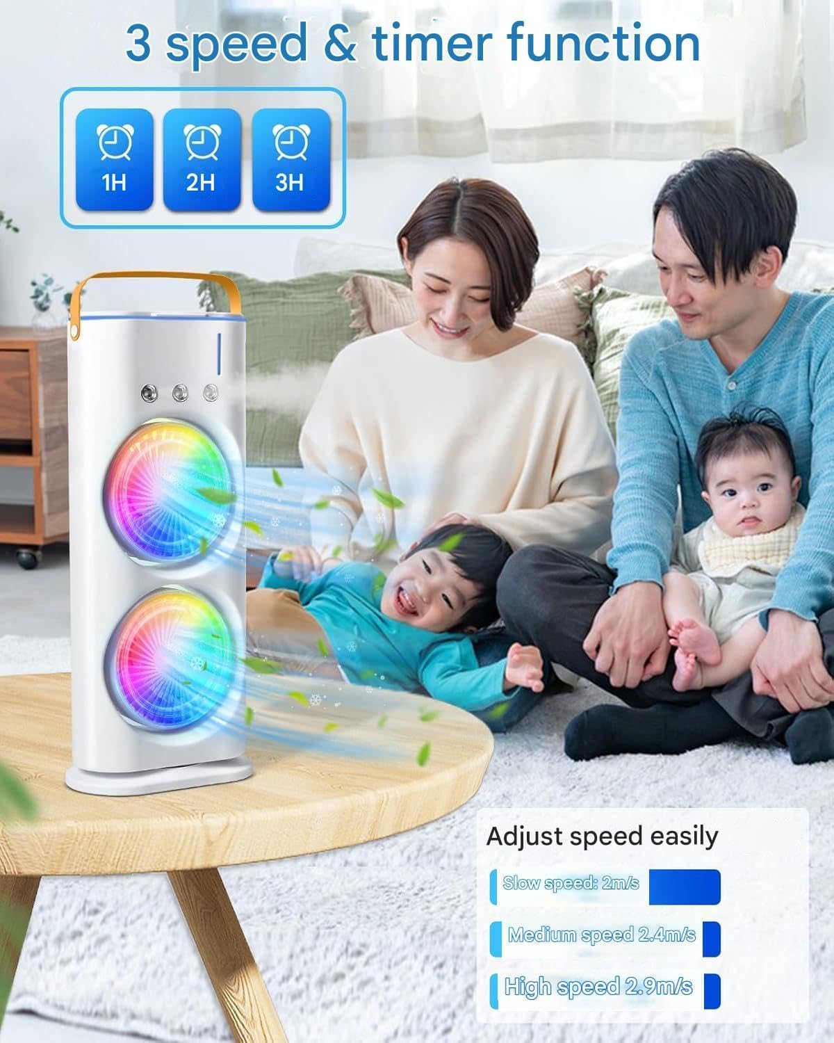 Double Ended Spray Cooler, 2025 New 3 Gears USB Rechargeable Quiet fan with LED Light & Remote Control, 280ml Water Ice Tank, Mini Cooler for Business & Home Use, Energy Saving, Heatstroke Prevention