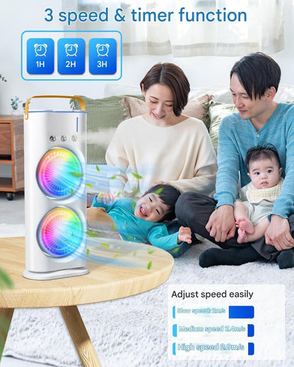 Double Ended Spray Cooler, 2025 New 3 Gears USB Rechargeable Quiet fan with LED Light & Remote Control, 280ml Water Ice Tank, Mini Cooler for Business & Home Use, Energy Saving, Heatstroke Prevention