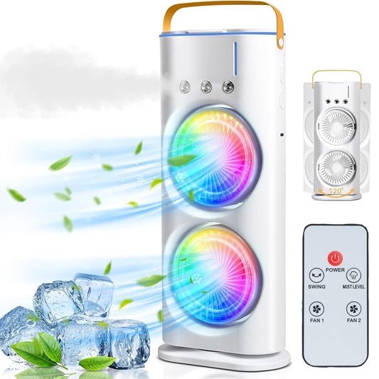Double Ended Spray Cooler, 2025 New 3 Gears USB Rechargeable Quiet fan with LED Light & Remote Control, 280ml Water Ice Tank, Mini Cooler for Business & Home Use, Energy Saving, Heatstroke Prevention