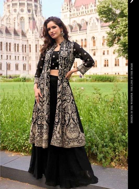 ISHA – Premium Georgette Indo-Western Outfit with Embroidery | Blouse, Palazzo & Shrug Set |