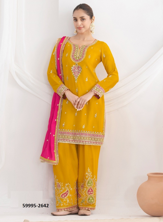 DAUR – Premium Chinon Pant-Bottom Suit with Embroidery | Top, Bottom & Dupatta Set |B (Copy)