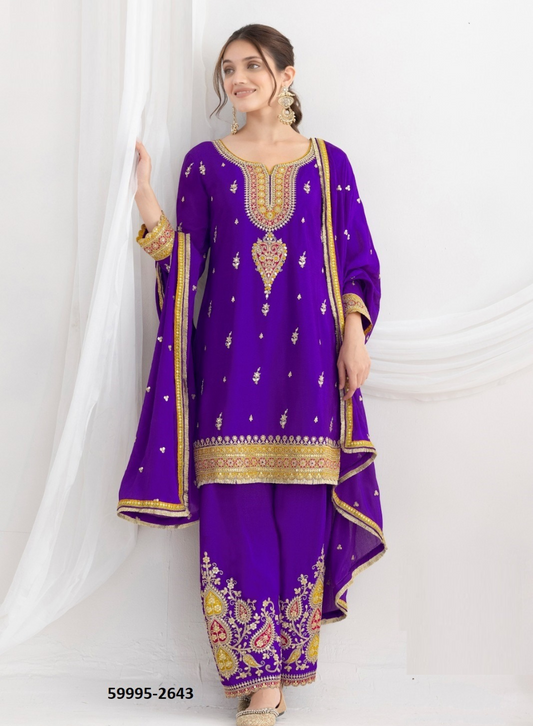 DAUR – Premium Chinon Pant-Bottom Suit with Embroidery | Top, Bottom & Dupatta Set | A