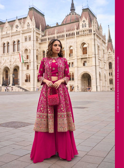 ISHA – Premium Georgette Indo-Western Outfit with Embroidery | Blouse, Palazzo & Shrug Set | A