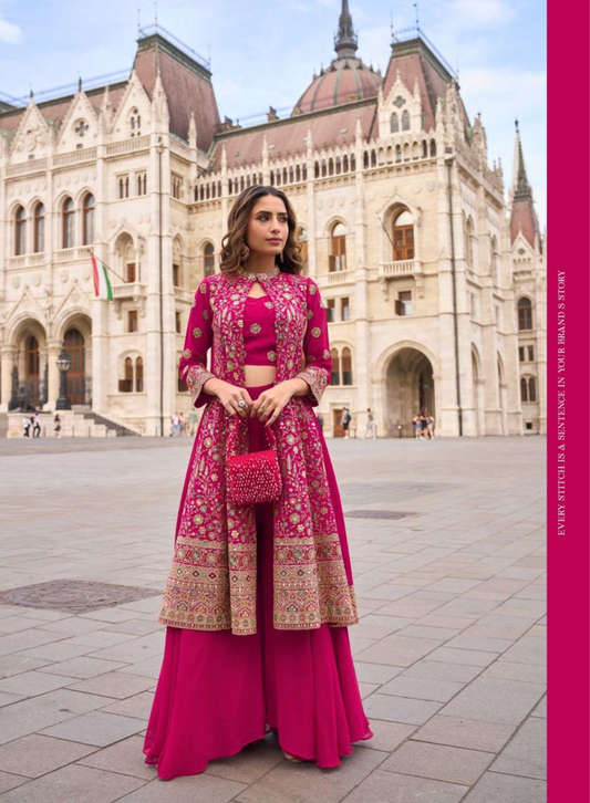 ISHA – Premium Georgette Indo-Western Outfit with Embroidery | Blouse, Palazzo & Shrug Set | A