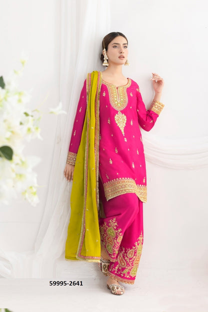 DAUR – Premium Chinon Pant-Bottom Suit with Embroidery | Top, Bottom & Dupatta Set |