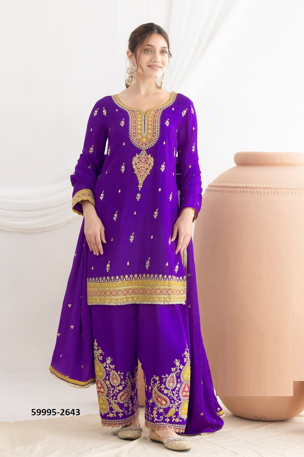 DAUR – Premium Chinon Pant-Bottom Suit with Embroidery | Top, Bottom & Dupatta Set | A