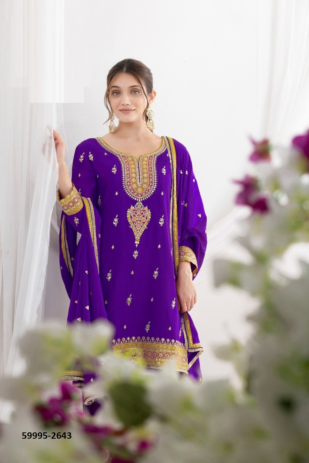 DAUR – Premium Chinon Pant-Bottom Suit with Embroidery | Top, Bottom & Dupatta Set | A