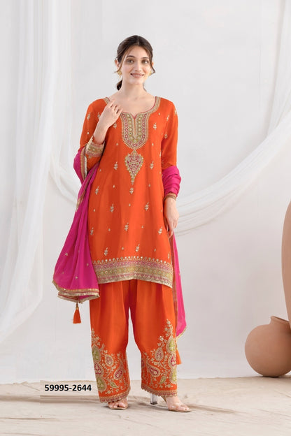 DAUR – Premium Chinon Pant-Bottom Suit with Embroidery | Top, Bottom & Dupatta Set |B