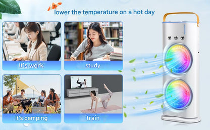 Double Ended Spray Cooler, 2025 New 3 Gears USB Rechargeable Quiet fan with LED Light & Remote Control, 280ml Water Ice Tank, Mini Cooler for Business & Home Use, Energy Saving, Heatstroke Prevention