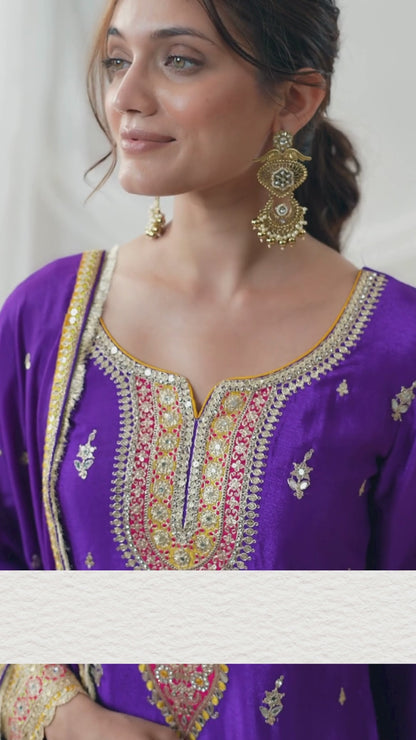 DAUR – Premium Chinon Pant-Bottom Suit with Embroidery | Top, Bottom & Dupatta Set |